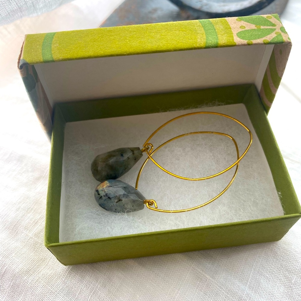Labradorite gemstone hoop drop earrings.